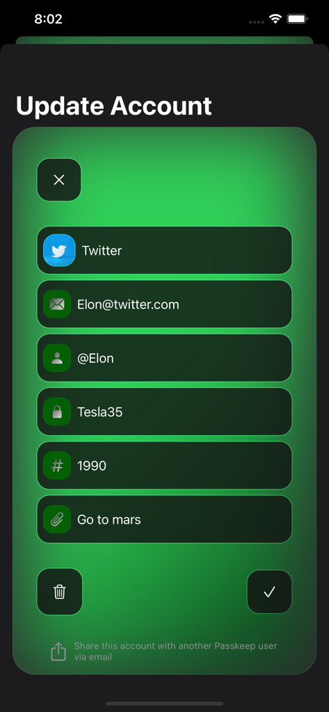 Screenshot of Passkeep app showing the Update Account screen with fields for Twitter login credentials and sharing options.