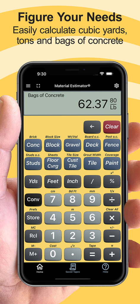 Tela do smartphone mostrando a interface do aplicativo Calculadora Estimadora calculando sacos de concreto para um projeto de construção