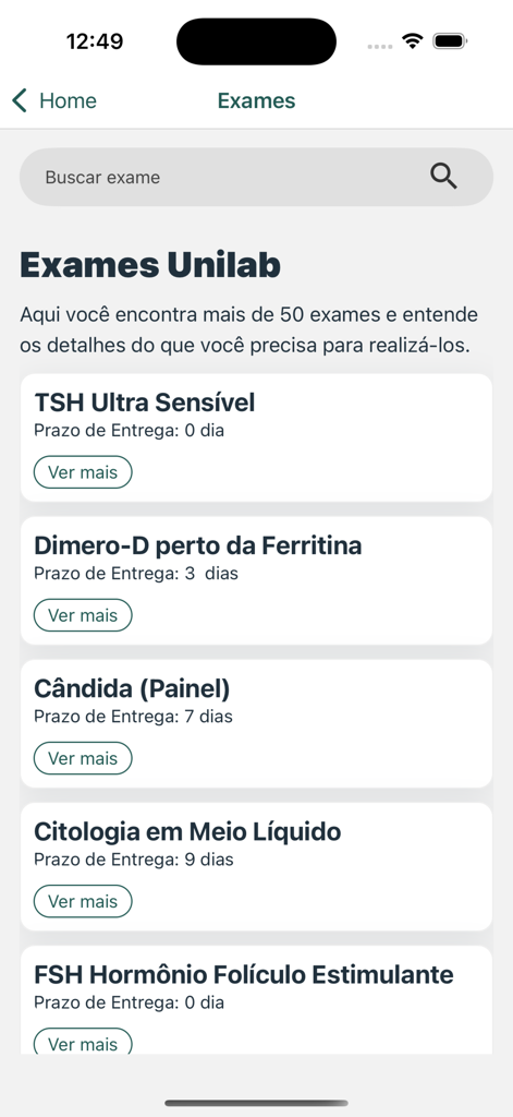 Unilab App - Écran de l'application Unilab montrant une liste d'examens de laboratoire disponibles et leurs délais de livraison.