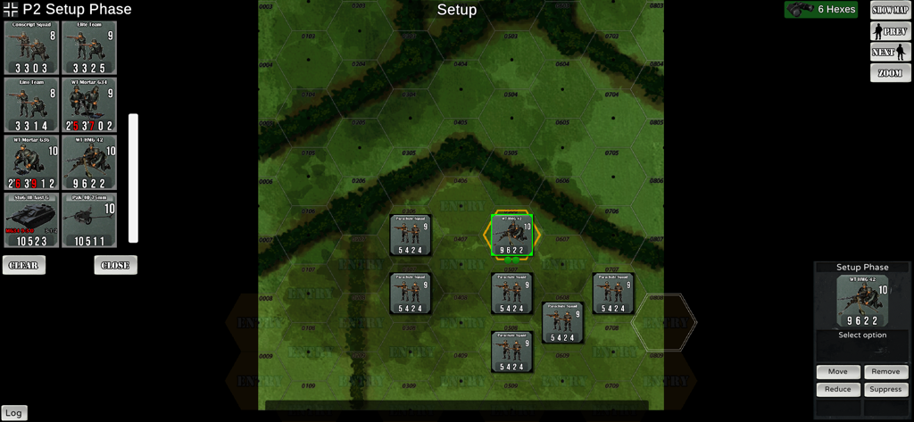 Skirmish 1944 - WWII hex strategy game setup phase showing unit counters on a tactical map