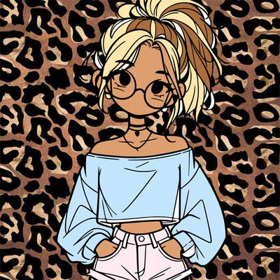 girl with a messy ponytail glasses a baggy crop top and jean shorts