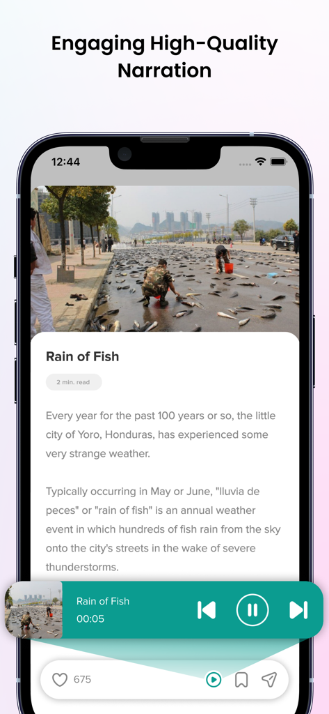 Daily Fun Facts: Did You Know? - Daily Fun Facts app interface showing a story about the Rain of Fish with an integrated audio narration player