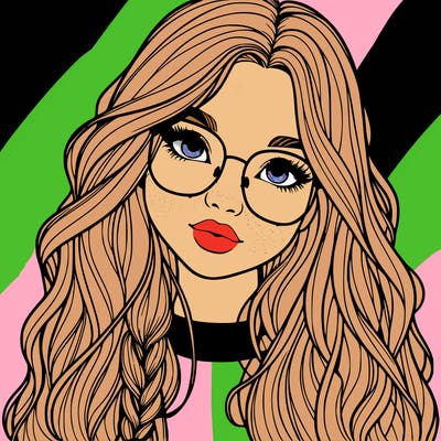 girl with long hair and freckles and glasses realistic