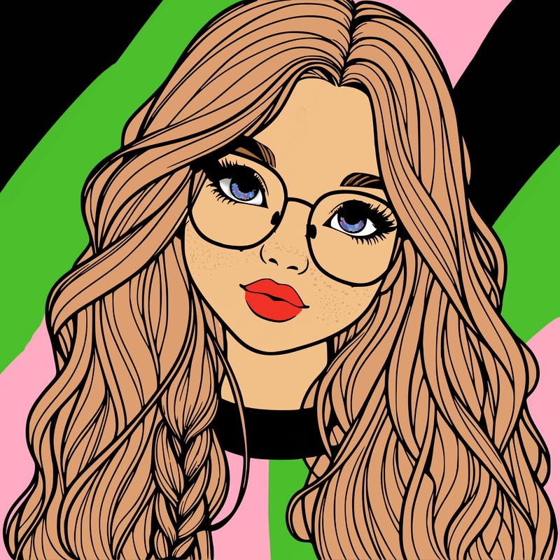 girl with long hair and freckles and glasses realistic