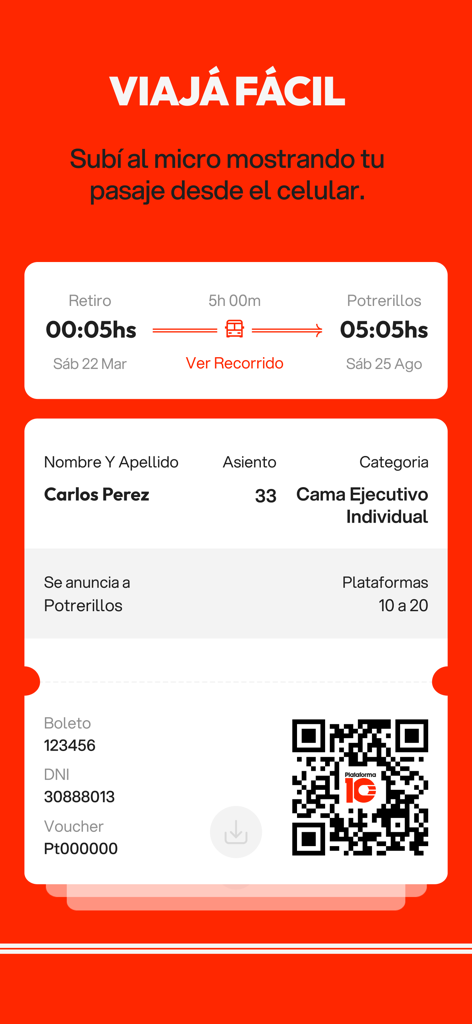 Digital bus ticket with QR code on the Plataforma 10 mobile app for paperless travel