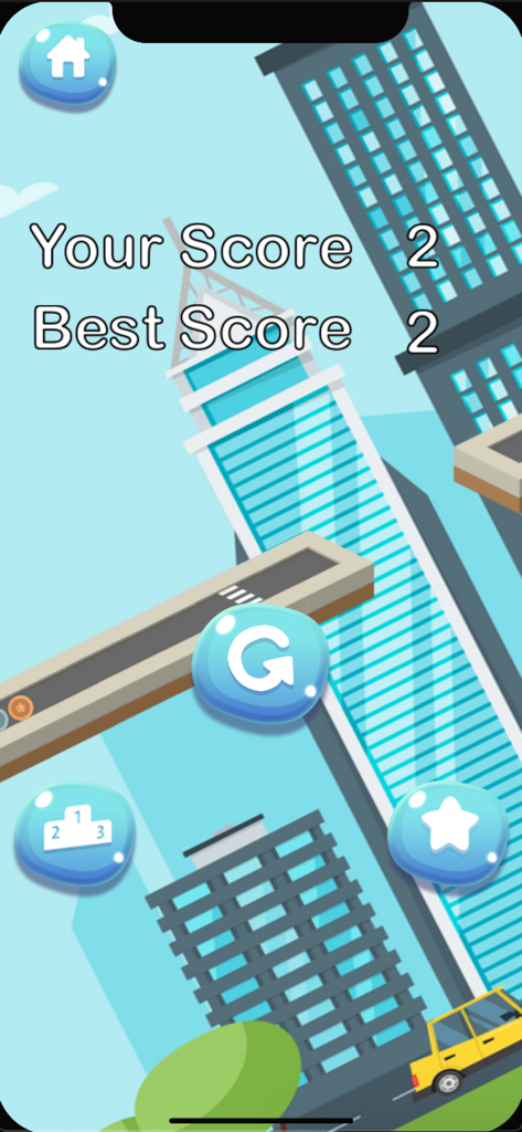 Crazy Skater Boy Big Adventure - Game score screen for Crazy Skater Boy Big Adventure showing current and best scores with a cartoon city background