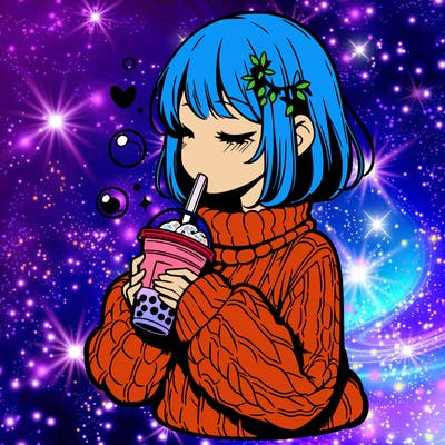 manga girl drinking boba in cozy sweater