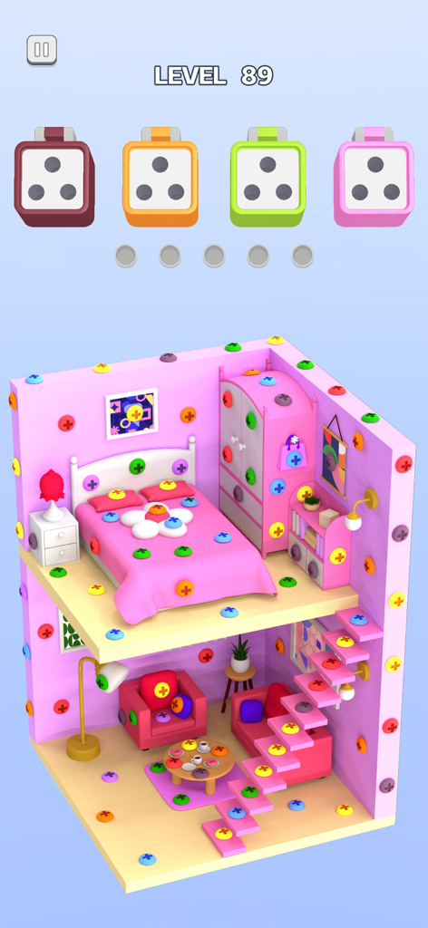 Screw Sort 3D: Pin Puzzle Game - Gameplay screenshot of Screw Sort 3D showing a pink miniature dollhouse covered in colored screws for a sorting puzzle