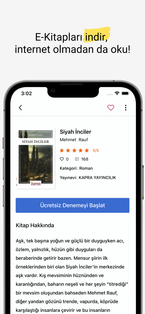 Kitapyurdu E-Kitap mobile app showing a book detail page for Siyah Inciler with an option for offline reading.
