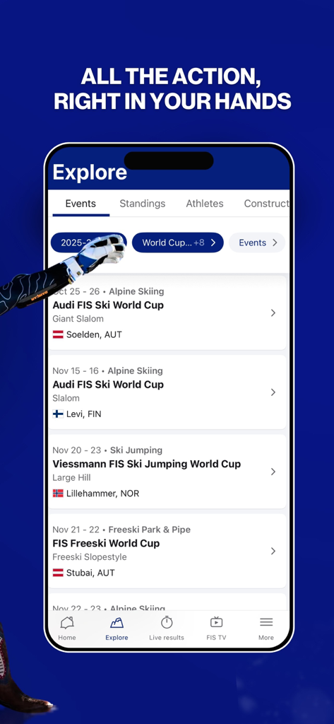FIS Official: Ski & Snowboard - Schermata esplora dell'app FIS Official che mostra il calendario degli eventi di Coppa del Mondo di sci e snowboard