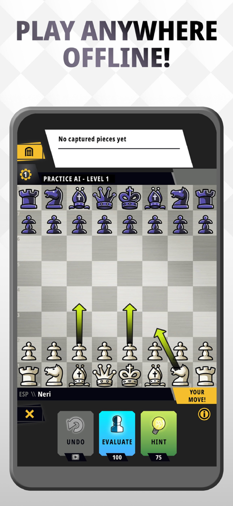 Mobile chess game interface featuring a practice match against AI with move hints