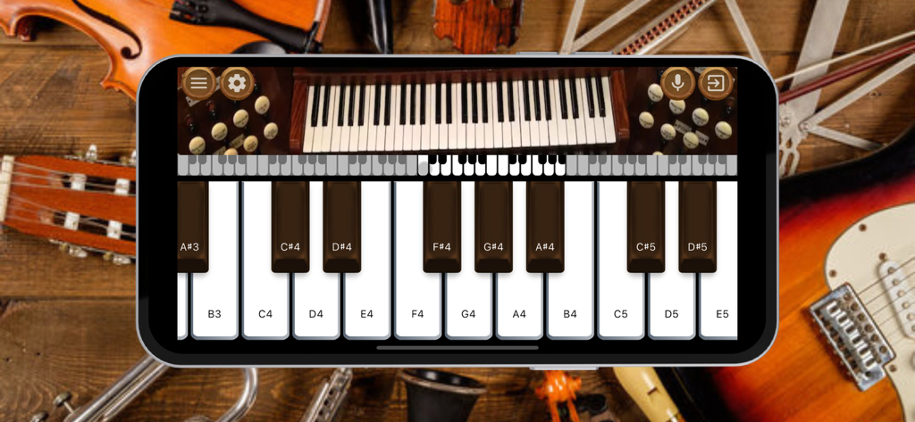 Organ Instrument - Tastiera e registri virtuali dell'organo visualizzati sullo schermo di uno smartphone