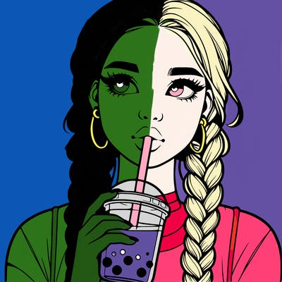 realistic girl with braided hair drinking boba