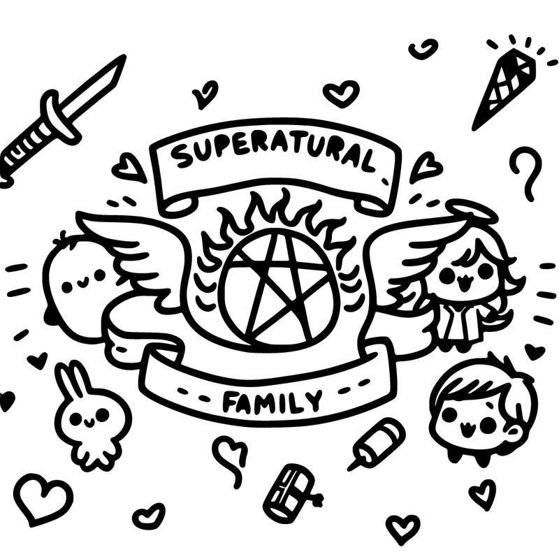 a tattoo idea that says 'supernatural family' with cute drawings around it