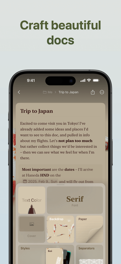 Pantalla del iPhone que muestra la interfaz de la aplicación Craft con opciones de estilo y personalización de documentos