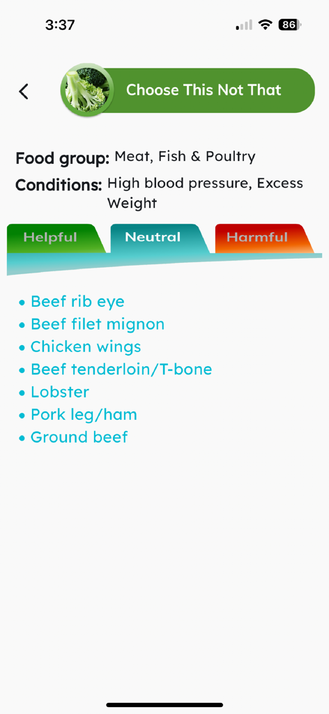 High Blood Pressure - Captura de pantalla de la aplicación Presión Arterial Alta que muestra opciones de alimentos neutros para carne y aves según condiciones de salud específicas