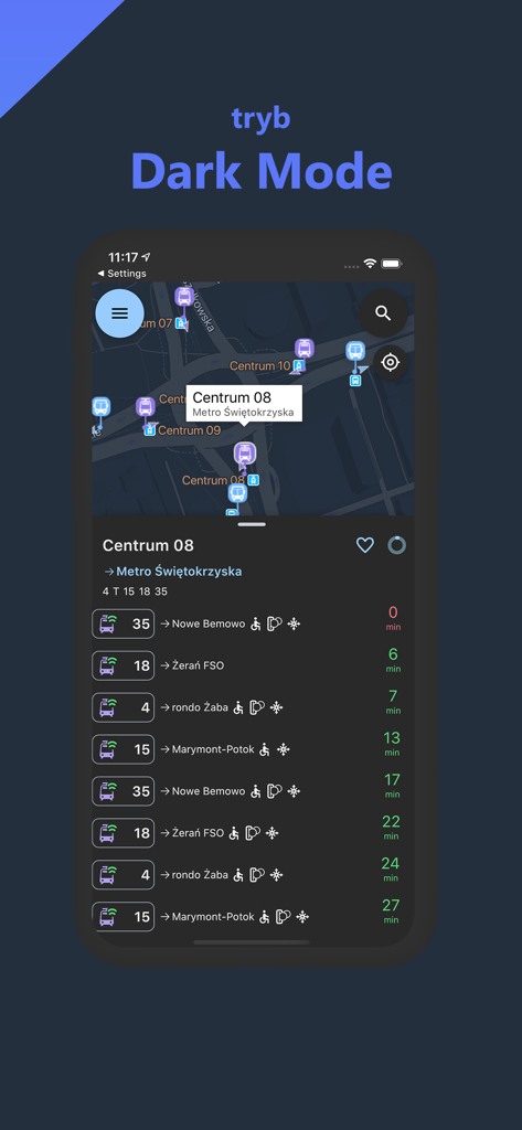Time4BUS - Time4BUS mobile app screenshot showing real-time public transport departures in dark mode