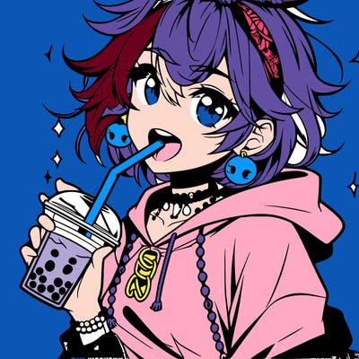 hot baddie anime girl drinking boba and biting the straw