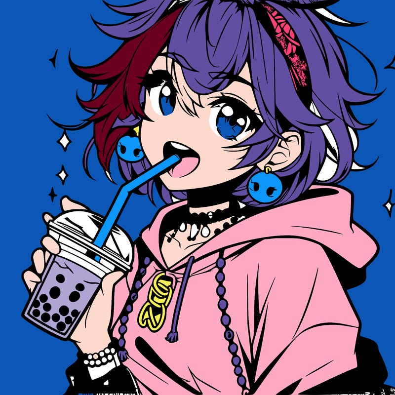 hot baddie anime girl drinking boba and biting the straw