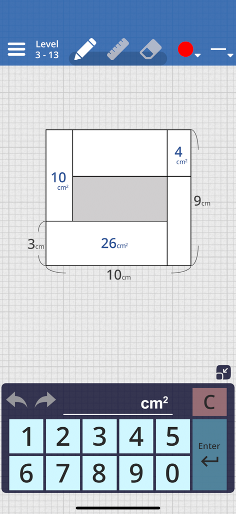Area Quiz : Geometry Problems - A geometry logic puzzle screen where the user calculates the area of a shaded rectangle using provided measurements and a numeric keypad.