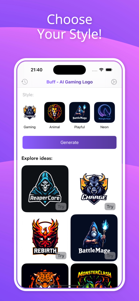 Interface do aplicativo Buff AI Gaming Logo Maker mostrando a seleção de estilo de logo e ideias de design