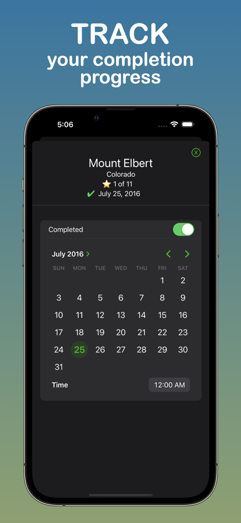 Highpointer - Highpointer app interface showing a completion progress tracker and calendar for marking the date a state highpoint was reached