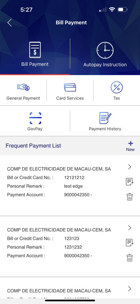Ein Screenshot der Rechnungszahlungs-Oberfläche der BNU Mobile App mit Optionen für allgemeine Zahlungen, Kartendienste, Steuern und einer Liste häufiger Zahlungen für Macau-Versorgungsunternehmen
