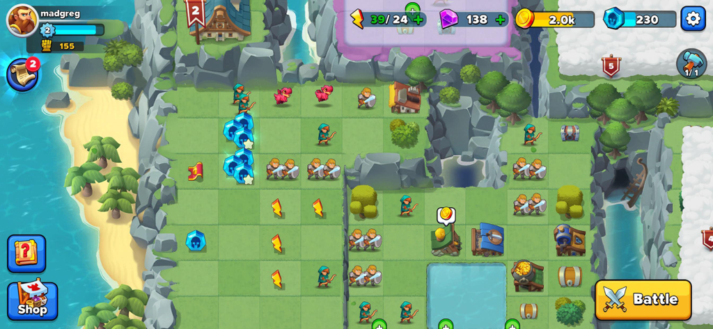 Top Troops Adventure RPG gameplay screen showing a kingdom grid with various units ready for merging and battle