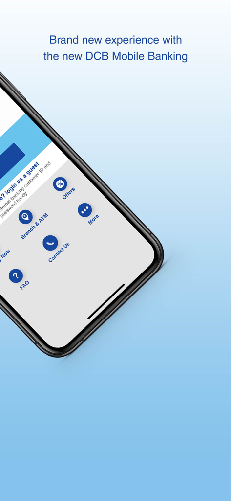 DCB Bank Mobile Banking - DCB Bank mobile banking app guest login screen featuring branch locator and contact options