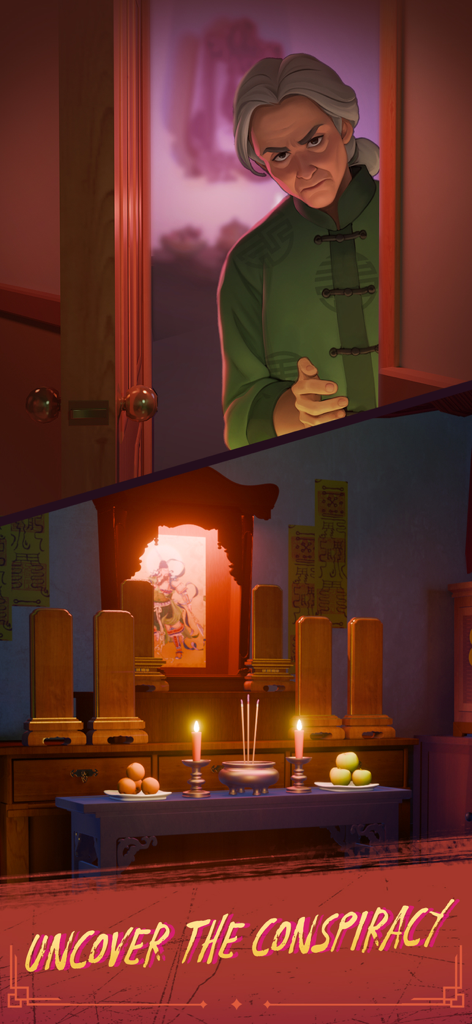 Haunted Merge: Horror Story - Una mujer sospechosa con una túnica verde asomándose por una puerta sobre un altar espiritual tradicional.