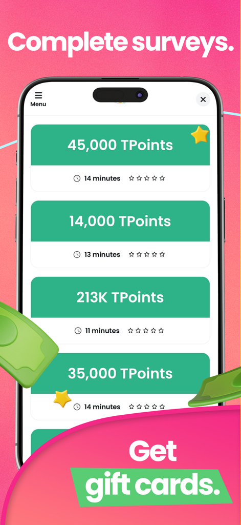 Tyr Rewards-Survey & Gift Card - Tyr Rewards app screen showing available surveys and point rewards