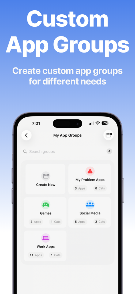 Digital Detox ADHD AppBlocker - Interfaz de la aplicación Digital Detox mostrando categorías personalizadas de aplicaciones como Redes Sociales y Aplicaciones de Trabajo para el enfoque TDAH