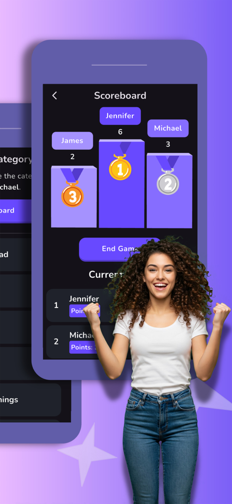 Guess It: Charades & Guessing - A scoreboard screen showing a winners podium and a cheering woman in the Guess It charades app