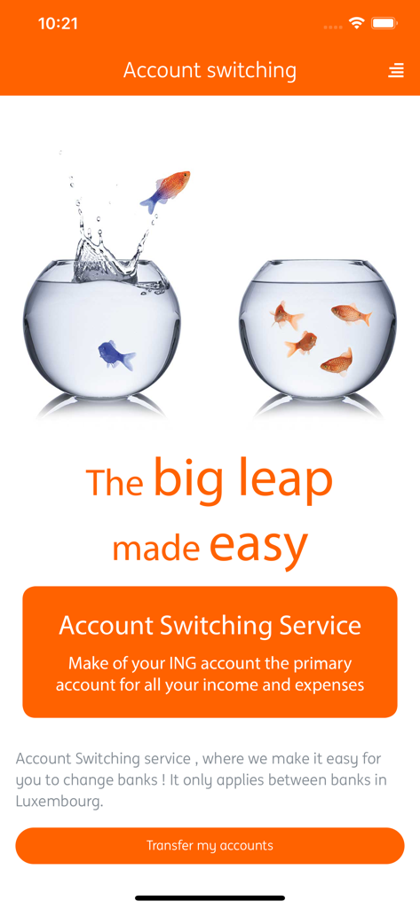My ING - My ING app screen promoting the account switching service for Luxembourg banks with a jumping fish illustration