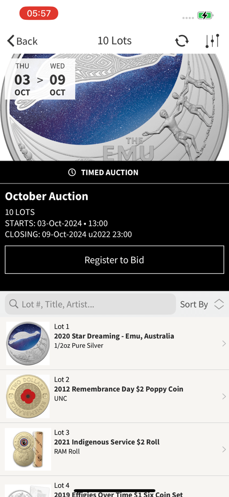 Lista de moedas colecionáveis no aplicativo Coins Australia Auctions