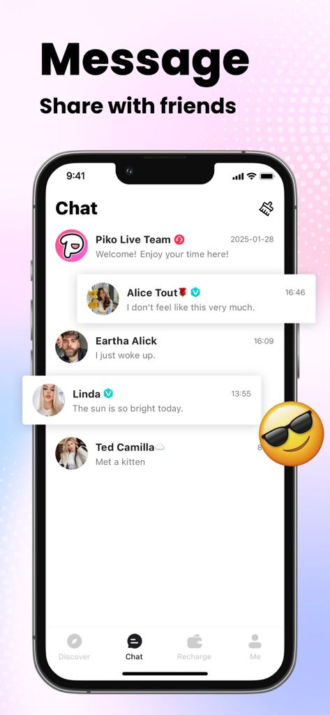 Piko Live: Live, Chat, Stream - Piko Liveアプリのチャットインターフェースのスクリーンショット。メッセージリストと友達とのインタラクションが表示されています。