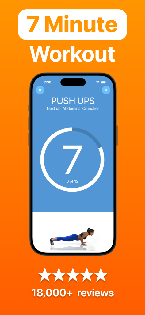 iPhone screen displaying the 7 Minute Workout app showing a push up exercise with a countdown timer and video demonstration