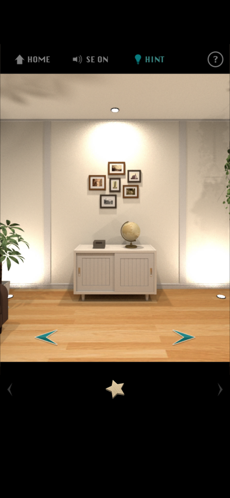 E.X.I.T - Escape Game - - A realistic 3D room in an escape game featuring a white cabinet with a globe and framed pictures on the wall