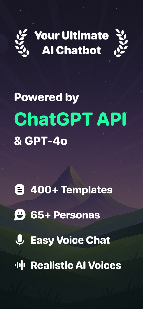 Promotional screen for ChatAI showing features like 400 plus templates 65 plus personas and voice chat powered by GPT 4o