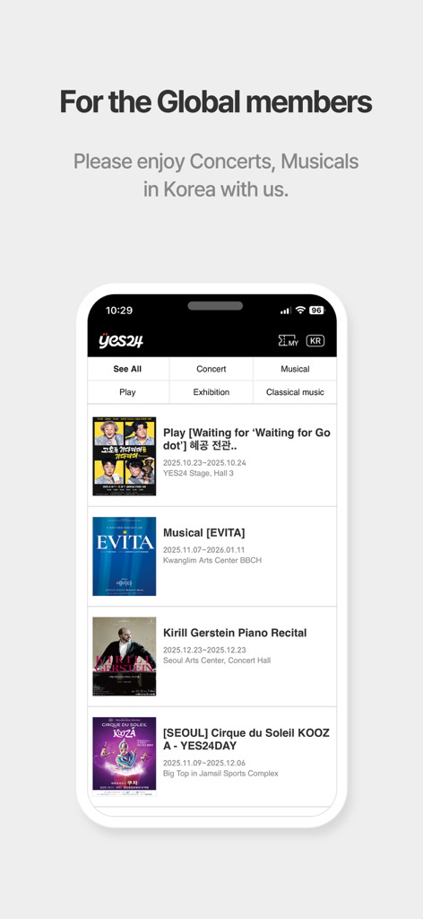 YES24 Ticket app screen showing concerts and musicals in Korea for global members