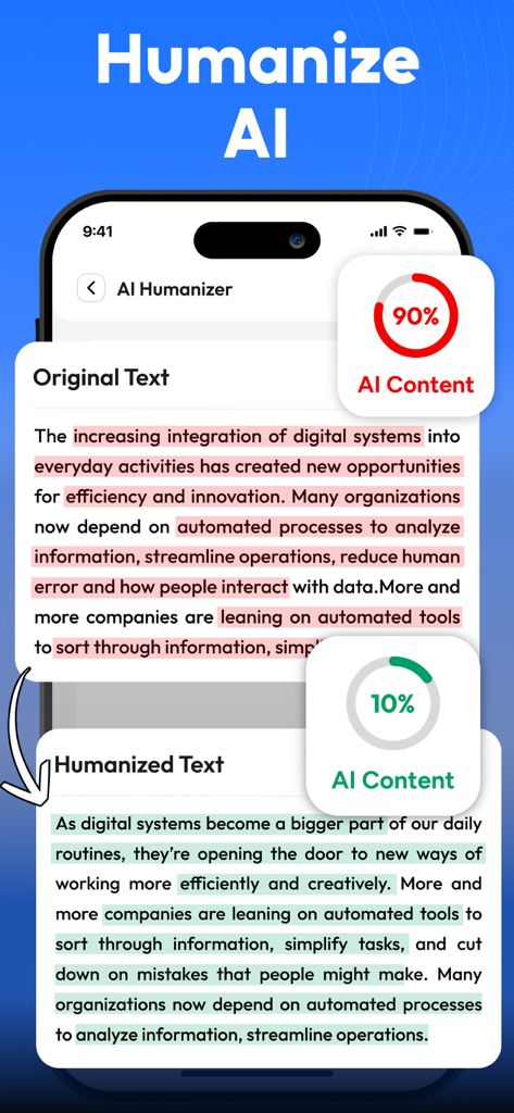 Paraphrase Tool - Humanize Ai - A smartphone screen demonstrating the Humanize AI feature reducing AI content detection from 90 percent to 10 percent.