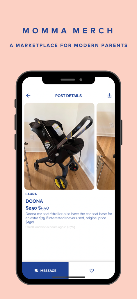 Screenshot of the Momma Merch app marketplace mode showing a used Doona stroller for sale