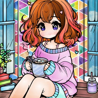 cute anime girl reading book and drinking hot chocolate from mug with loose wavy hair wearing a baggy sweatshirt and shorts sitting by windowsill looking out