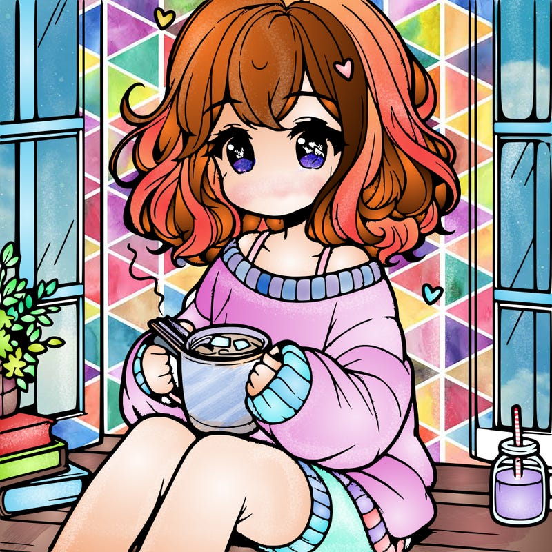 cute anime girl reading book and drinking hot chocolate from mug with loose wavy hair wearing a baggy sweatshirt and shorts sitting by windowsill looking out