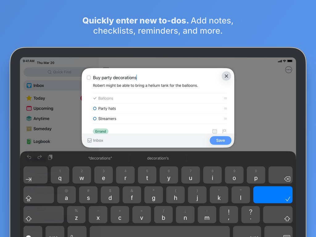 Une fenêtre contextuelle dans Things 3 pour iPad affiche la création d'une nouvelle tâche avec des notes et une liste de contrôle.