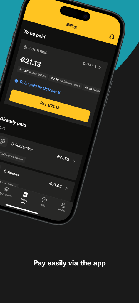 MyTelenet app billing screen showing an outstanding balance and a pay button