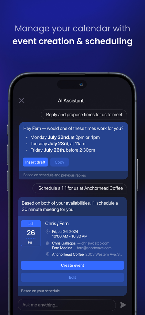 Shortwave - AI Email - Shortwave AI Assistant proposing meeting times and creating a calendar event in a chat interface.