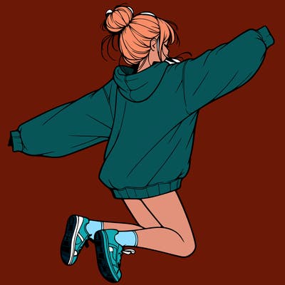realistic girl jumping with a bun and oversized sweatshirt