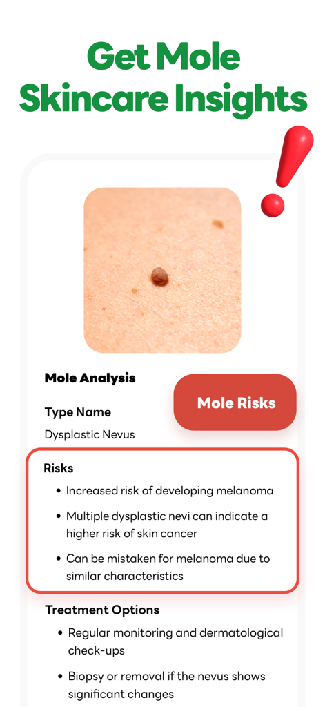 Skincare AI: Skin Care Scanner - Una captura de pantalla de la aplicación Skincare AI que muestra un informe de análisis de lunares para un Nevus Displásico que incluye riesgos potenciales y opciones de tratamiento