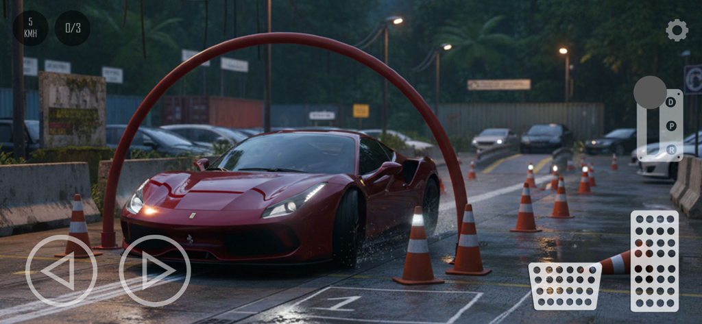 Gameplay of Car Parking 2026 featuring a red sports car navigating a parking course with traffic cones.